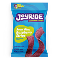 A bright blue package of Joyride Sour Blue Raspberry Strips features the product name prominently, with images of the chewy candy strips and a label indicating "80% Less Sugar" and "Ryan Trahan's Pick."