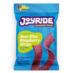 A bright blue package of Joyride Sour Blue Raspberry Strips features the product name prominently, with images of the chewy candy strips and a label indicating "80% Less Sugar" and "Ryan Trahan's Pick."