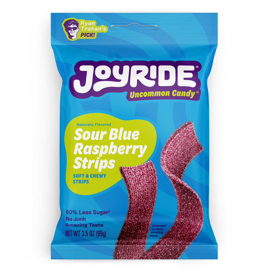 A bright blue package of Joyride Sour Blue Raspberry Strips features the product name prominently, with images of the chewy candy strips and a label indicating "80% Less Sugar" and "Ryan Trahan's Pick."