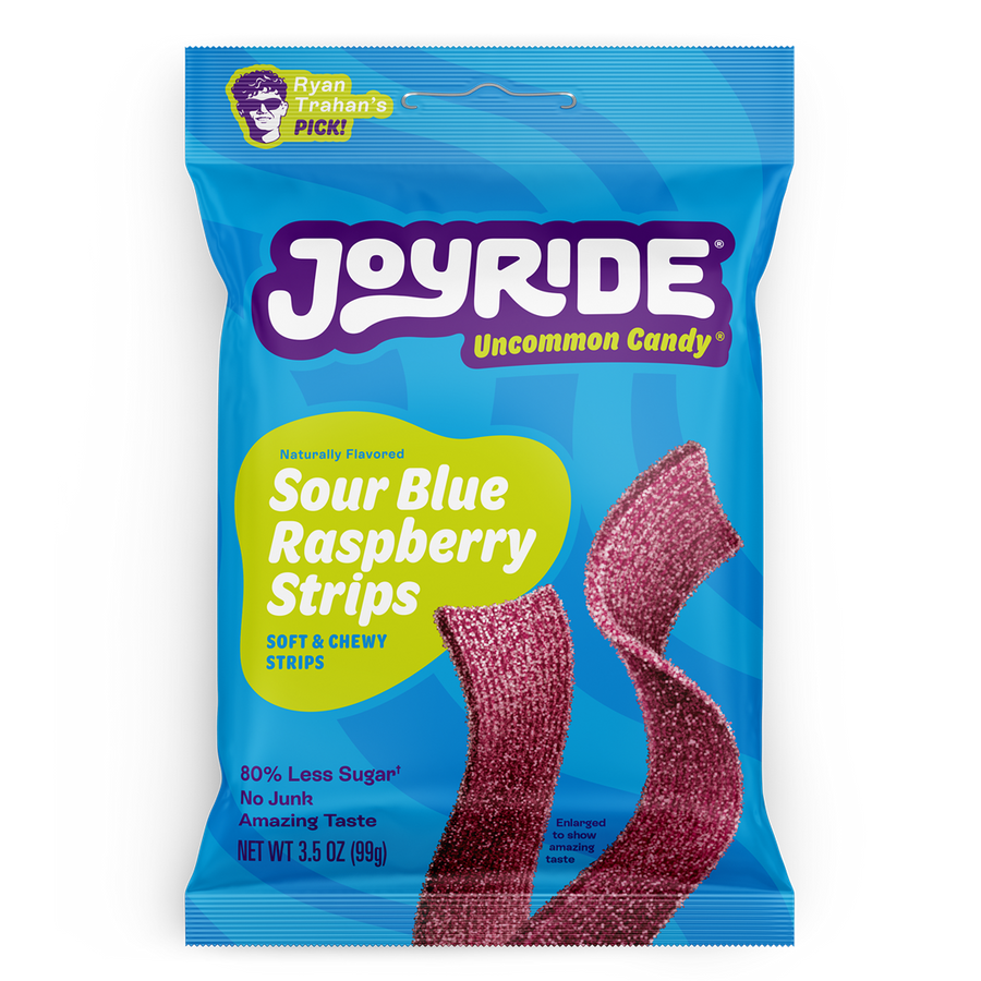 A bright blue package of Joyride Sour Blue Raspberry Strips features the product name prominently, with images of the chewy candy strips and a label indicating "80% Less Sugar" and "Ryan Trahan's Pick."