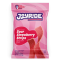 A pink package of Joyride Sour Strawberry Strips features the product name prominently, with a description of being soft and chewy, and highlights that it contains 80% less sugar.