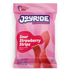 A pink package of Joyride Sour Strawberry Strips features the product name prominently, with a description of being soft and chewy, and highlights that it contains 80% less sugar.