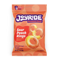 A colorful bag of Joyride Sour Peach Rings candy features soft, chewy gummy rings with a vibrant orange and yellow color, labeled as having 50% less sugar and an amazing taste.