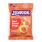 A colorful bag of Joyride Sour Peach Rings candy features soft, chewy gummy rings with a vibrant orange and yellow color, labeled as having 50% less sugar and an amazing taste.