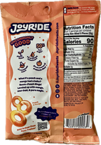 A colorful snack bag for Joyride's peach and mango gummies features playful graphics, highlights low sugar content, and includes a QR code for more information.