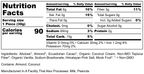 Nutrition label displaying serving size, calories, and detailed nutritional information, including amounts of fat, carbohydrates, fiber, and protein, along with ingredients and allergen information.