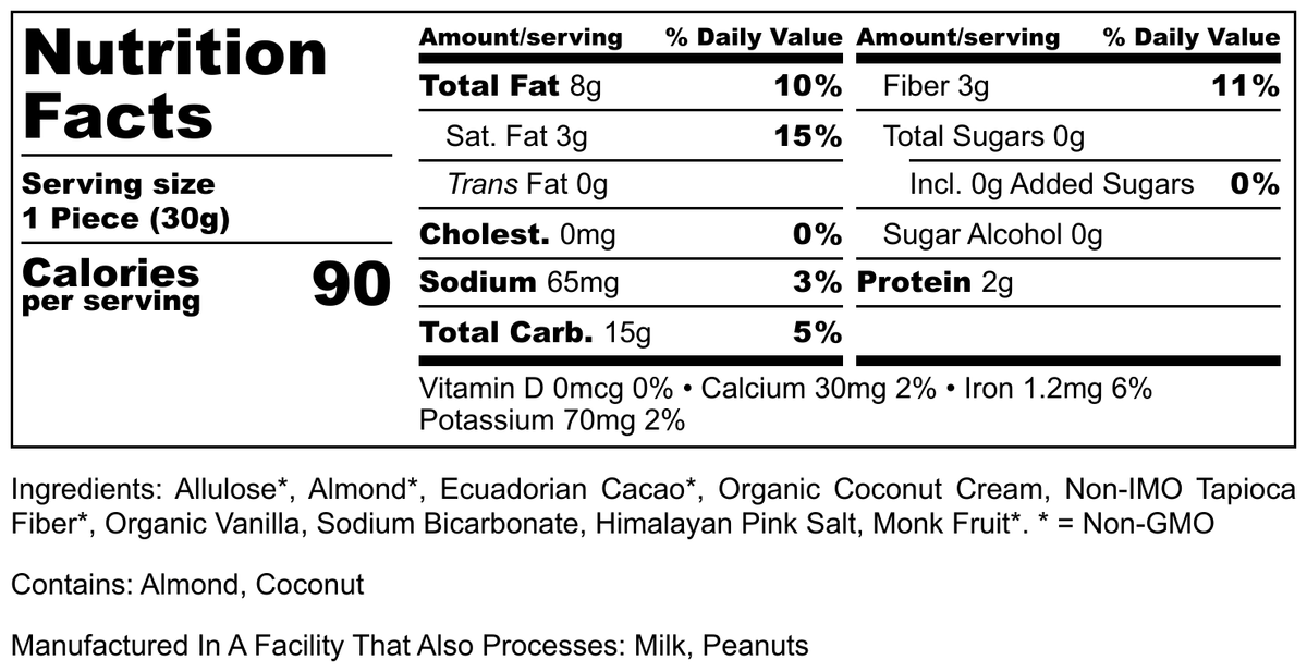 Nutrition label displaying serving size, calories, and detailed nutritional information, including amounts of fat, carbohydrates, fiber, and protein, along with ingredients and allergen information.