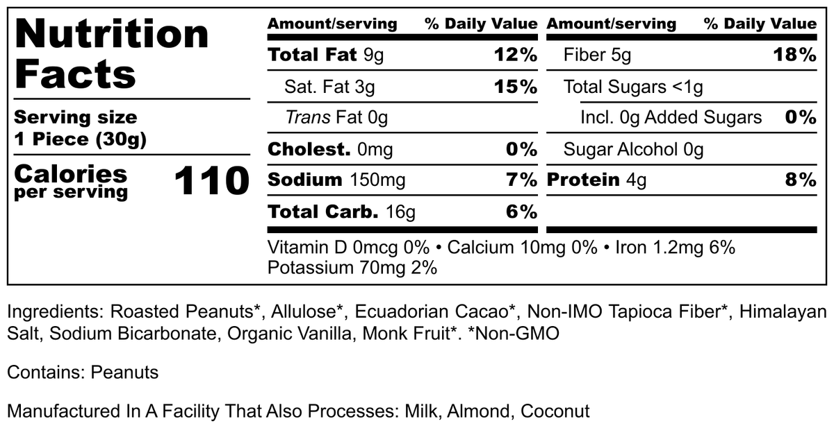 Nutrition label for a product showing serving size, calories, and detailed nutritional information, including fats, carbohydrates, sugars, and protein, with ingredients listed at the bottom.