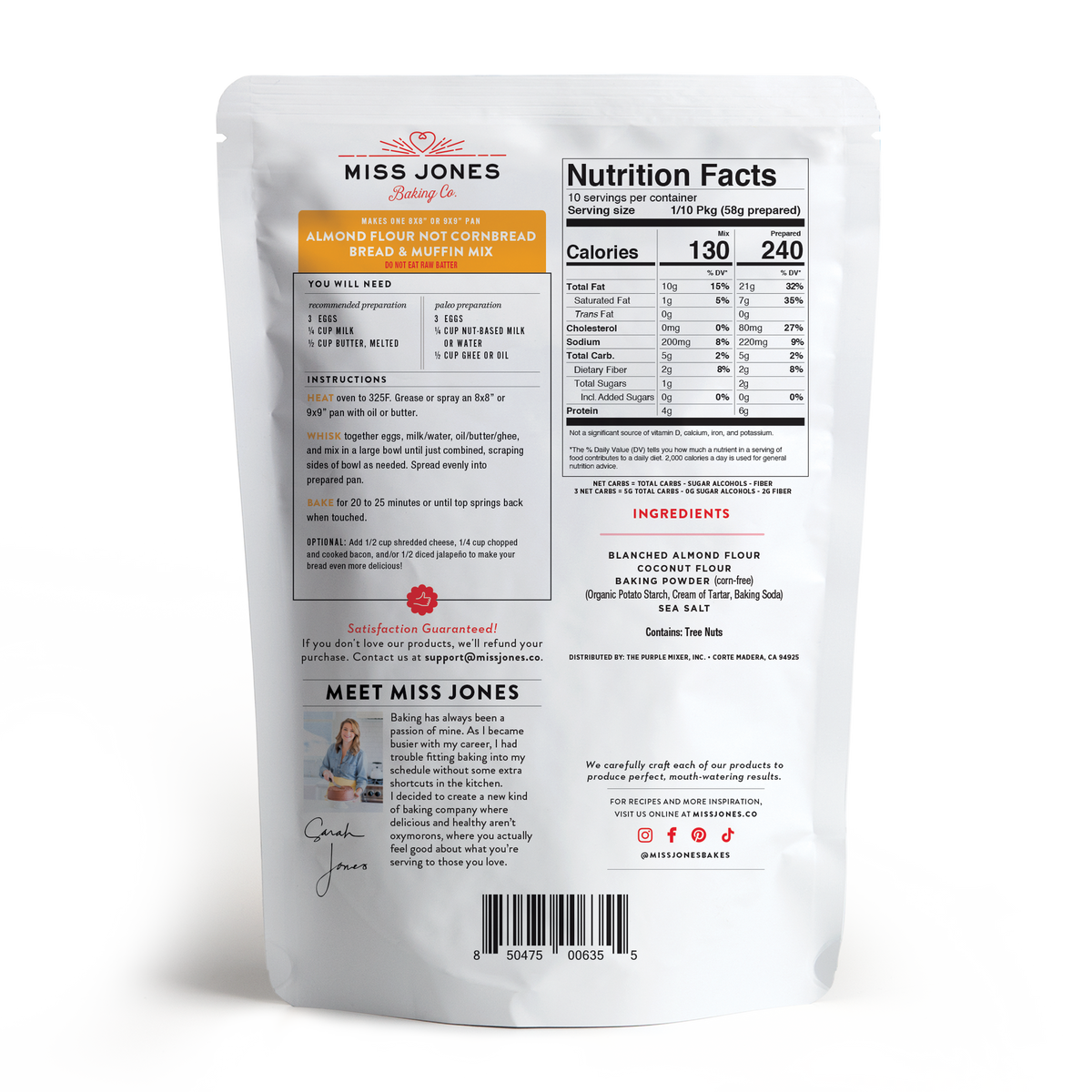 Back of Miss Jones Baking Co. Keto & Paleo Not Cornbread Bread and Muffin Mix 7.4 oz packaging