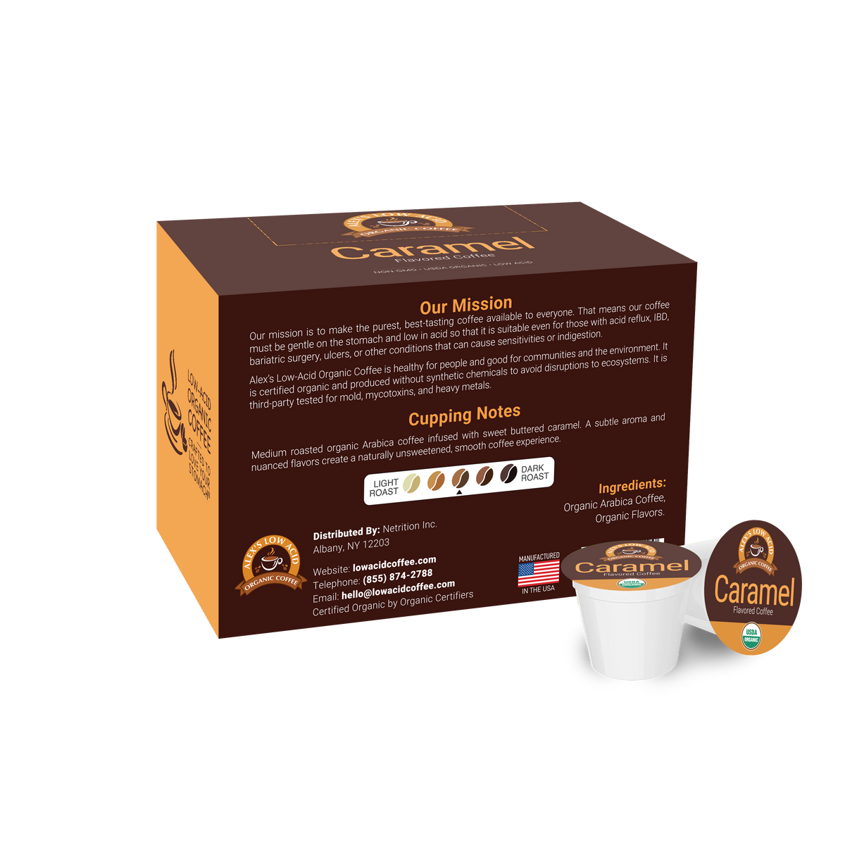 A brown box labeled "Caramel" displays information about low-acid organic coffee, featuring a cup with a caramel flavor, and highlights its health benefits and organic certification.