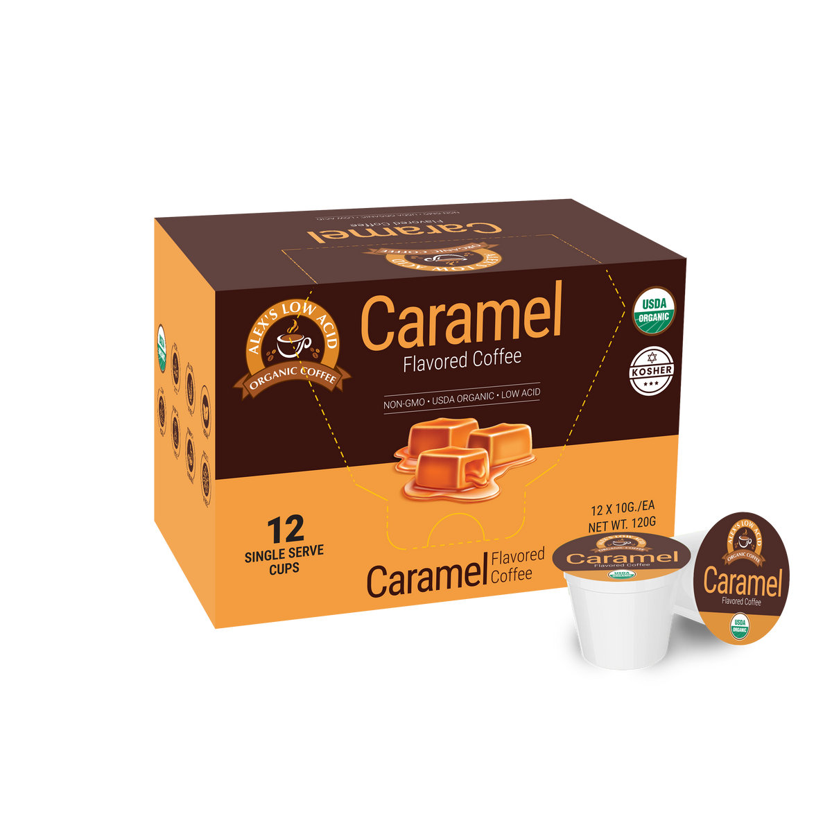 A box of caramel flavored coffee pods, featuring 12 single-serve cups, is displayed with labels indicating it's organic, non-GMO, and low acid, set against a plain background.