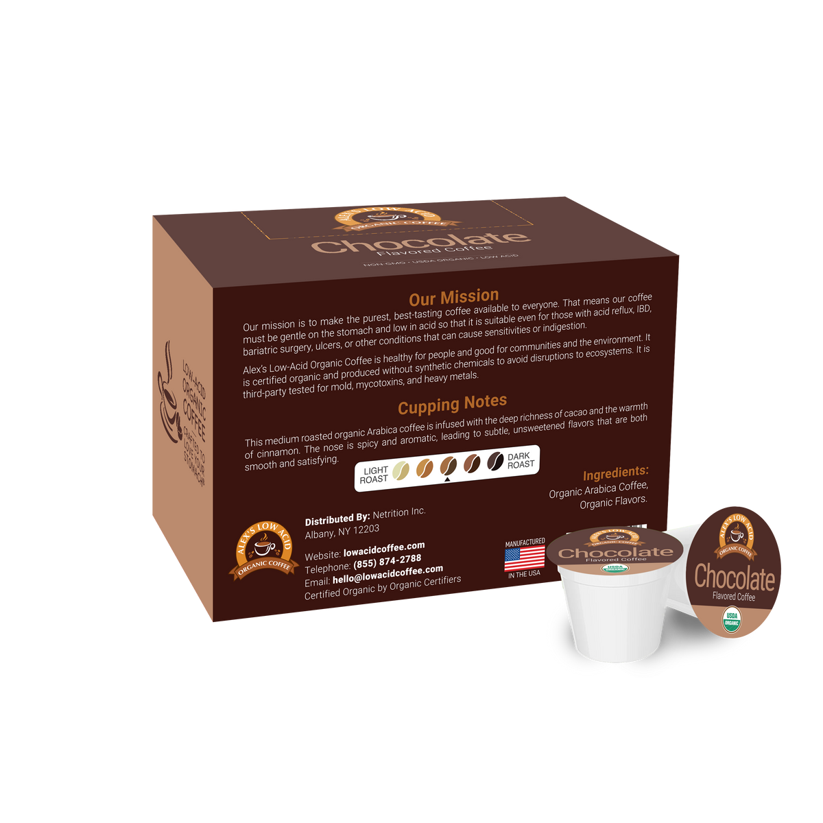 A brown cardboard box of Alex's Low-Acid Organic Coffee features a chocolate-flavored coffee pod, showcasing the mission statement and cupping notes on the box's side.