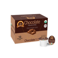 A box of chocolate-flavored coffee pods, labeled "Alex's Low Acid Organic Coffee," contains 12 single-serve cups, highlighting its non-GMO and USDA organic certifications.