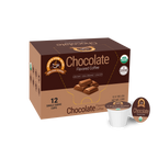 A box of chocolate-flavored coffee pods, labeled "Alex's Low Acid Organic Coffee," contains 12 single-serve cups, highlighting its non-GMO and USDA organic certifications.