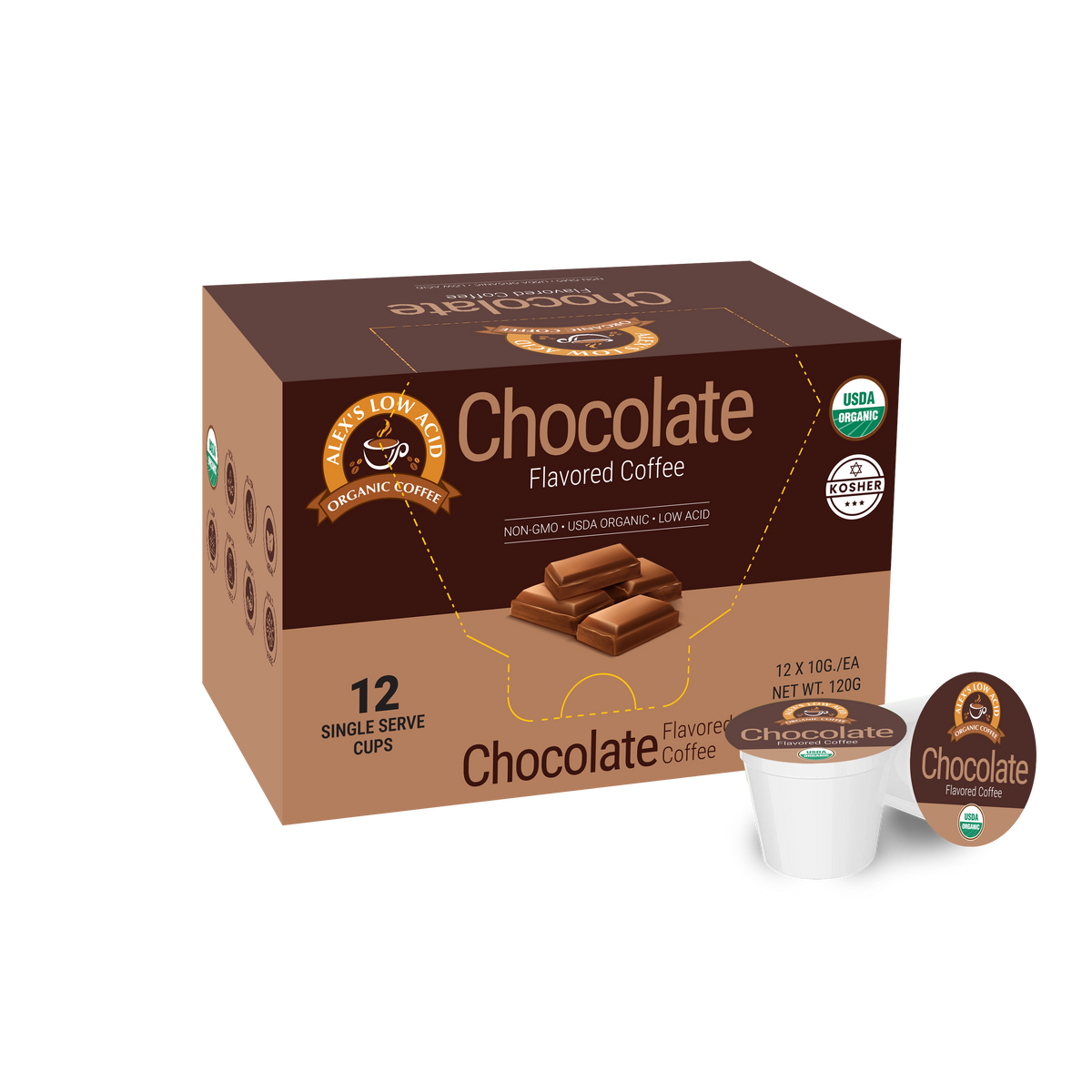 A box of chocolate-flavored coffee pods, labeled "Alex's Low Acid Organic Coffee," contains 12 single-serve cups, highlighting its non-GMO and USDA organic certifications.