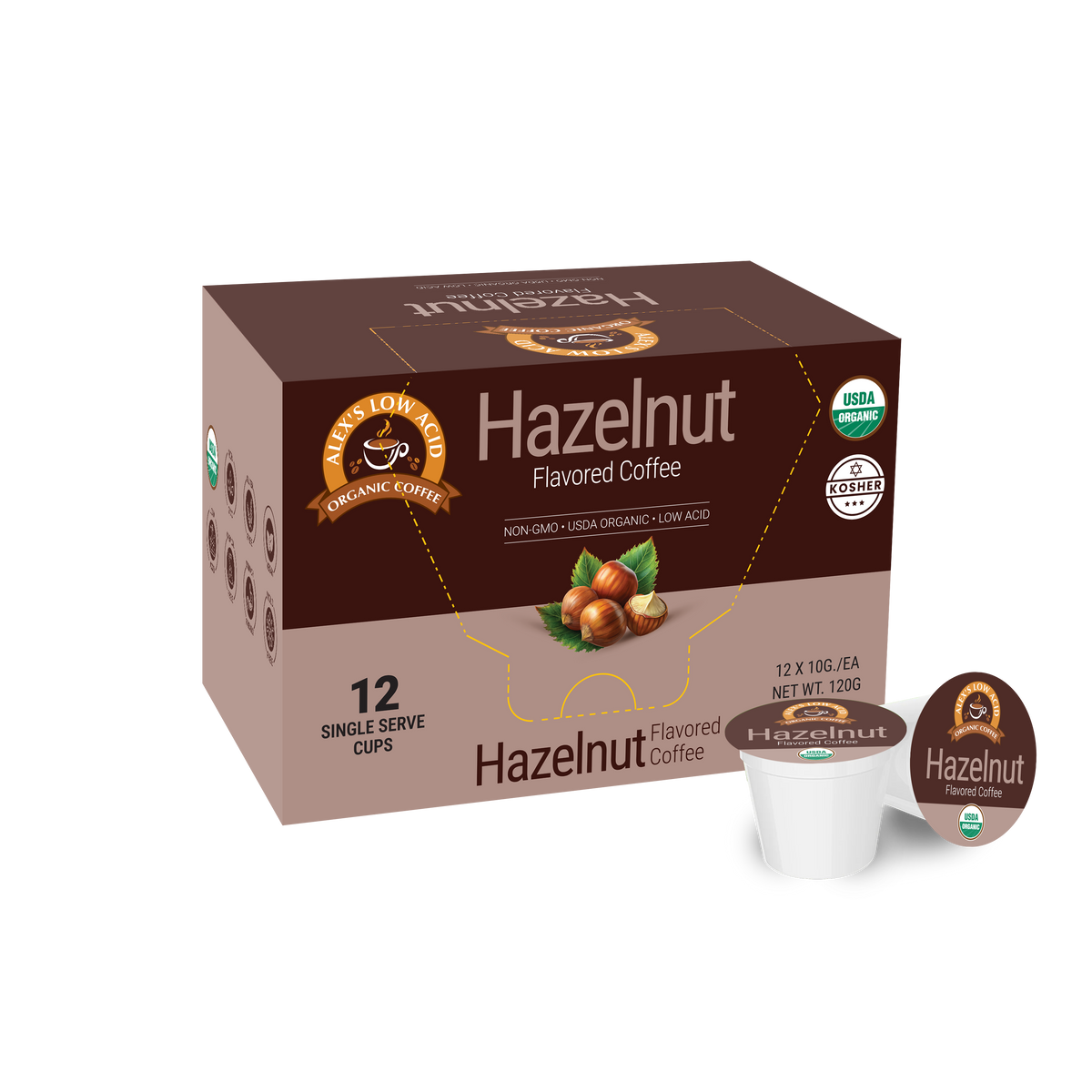 A brown box of organic hazelnut flavored coffee with a logo and information about its low acidity, containing 12 single-serve cups, is displayed against a plain background.