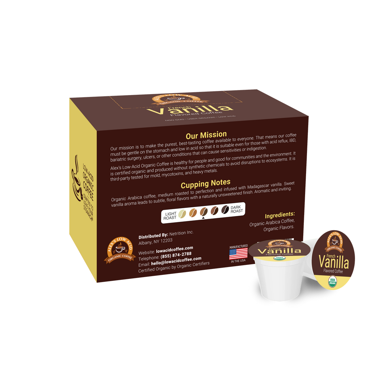 A brown coffee box labeled "Vanilla" features a single coffee pod with a vanilla flavor, highlighting its organic ingredients and low-acid benefits for sensitive stomachs.