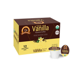A box of French Vanilla Flavored Coffee contains 12 single-serve cups, featuring a brown and yellow design with images of vanilla beans and leaves, labeled as organic and low acid.