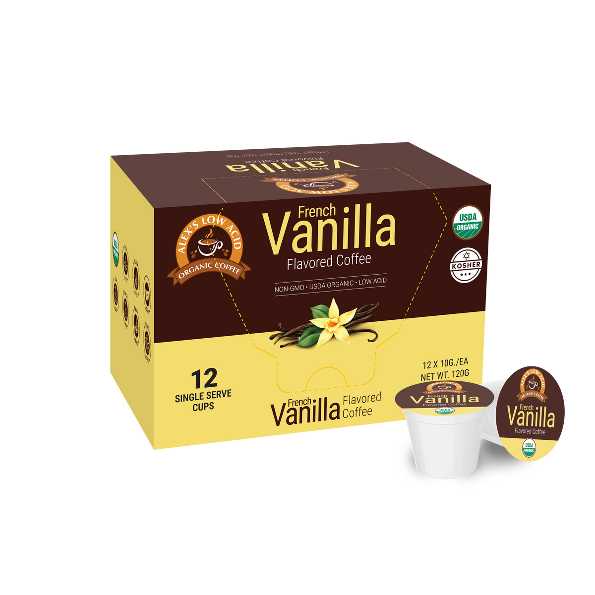 A box of French Vanilla Flavored Coffee contains 12 single-serve cups, featuring a brown and yellow design with images of vanilla beans and leaves, labeled as organic and low acid.