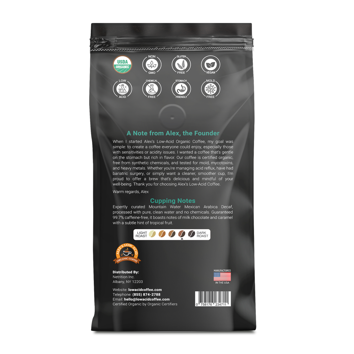 Alex's Low Acid Organic Coffee™ - Decaf Fresh Ground (12oz)