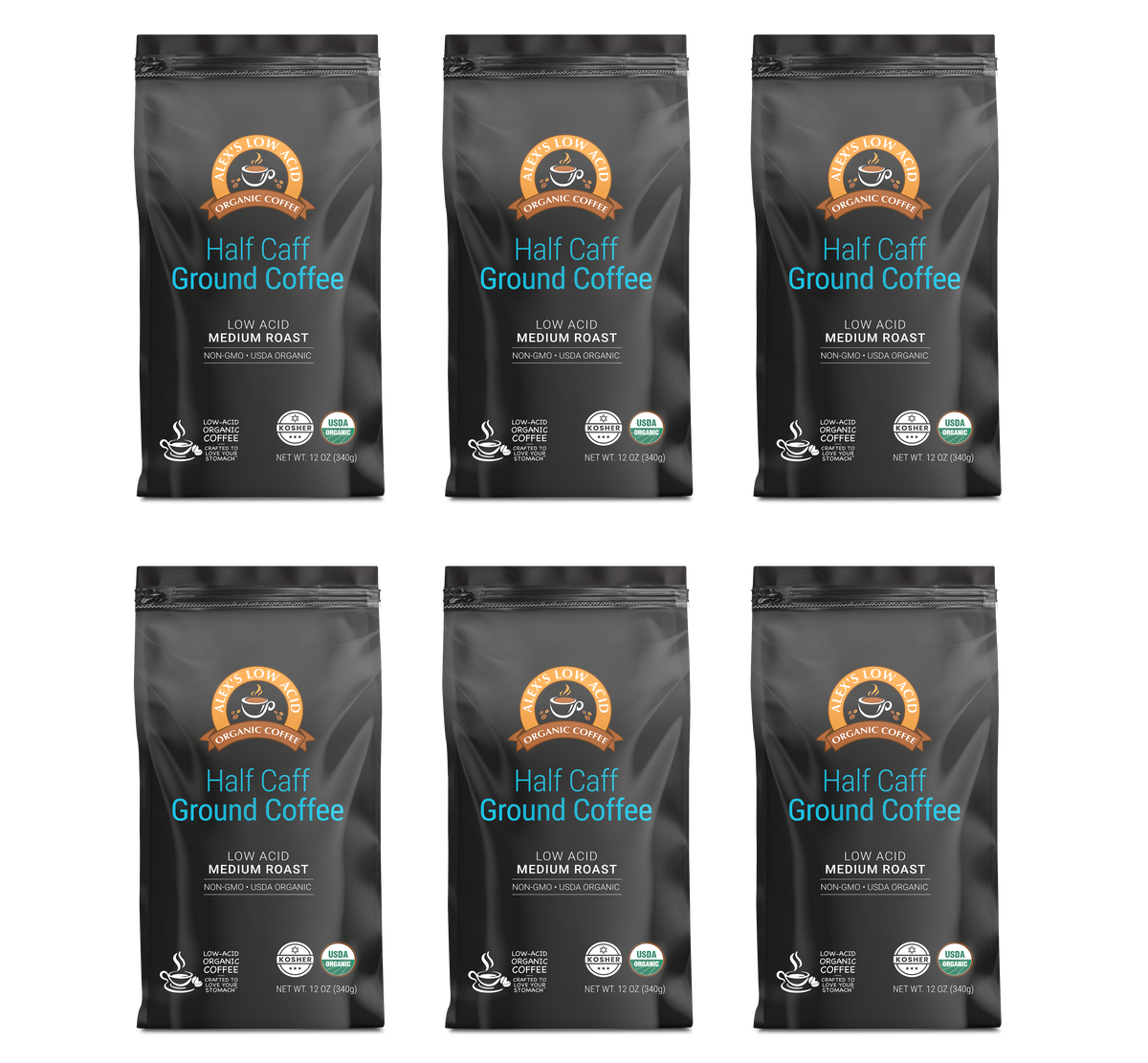 Alex's Low Acid Organic Coffee™ - Half Caff Fresh Ground (12oz)