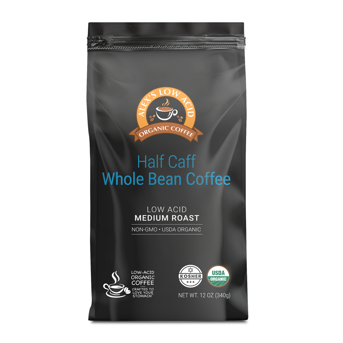Alex's Low Acid Organic Coffee™ - Half Caff Whole Bean (12oz)