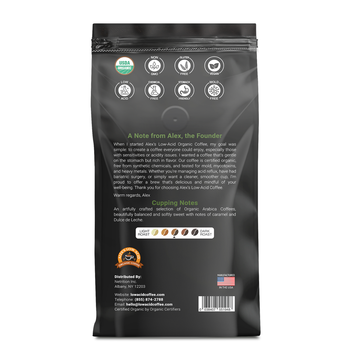 Alex's Low Acid Organic Coffee™ - Rise & Shine Whole Bean (12oz)