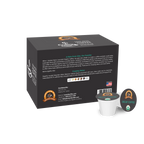 A box of Alex's Low-Acid Organic Decaf Coffee features a note from the founder, Alex, highlighting the coffee's gentle flavor profile and organic certification, with a single coffee pod displayed beside it.