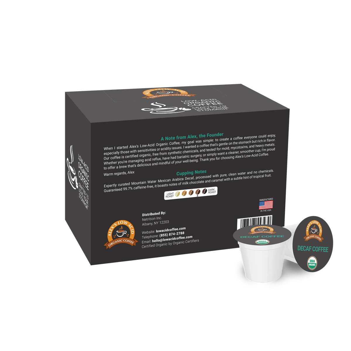 A box of Alex's Low-Acid Organic Decaf Coffee features a note from the founder, Alex, highlighting the coffee's gentle flavor profile and organic certification, with a single coffee pod displayed beside it.