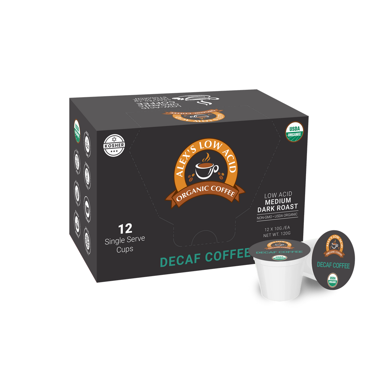 A black box of Alex's Low Acid Organic Coffee, featuring 12 single-serve decaf cups, displays the logo and labels indicating it's USDA Organic and Kosher, with a medium dark roast designation.