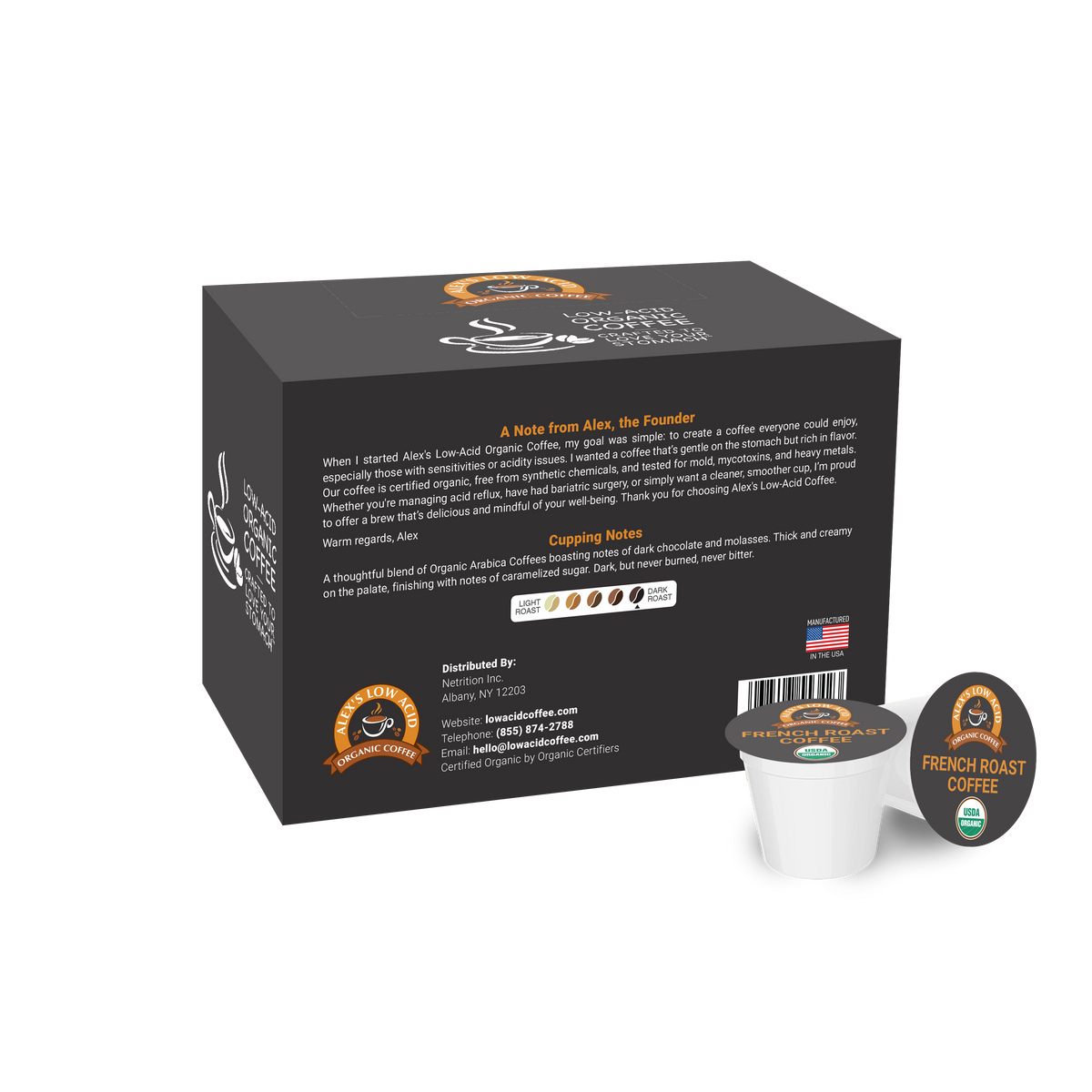 A black box of Alex's Low-Acid Organic Coffee features a note from the founder, cupping notes, and a coffee pod labeled "French Roast," emphasizing its smooth flavor and organic certification.
