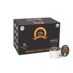 A black box of Alex's Low Acid Organic Coffee contains 12 single-serve cups labeled as French Roast, featuring a logo and USDA Organic seal on the packaging.