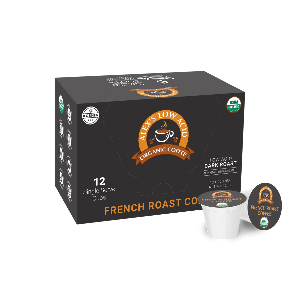A black box of Alex's Low Acid Organic Coffee contains 12 single-serve cups labeled as French Roast, featuring a logo and USDA Organic seal on the packaging.