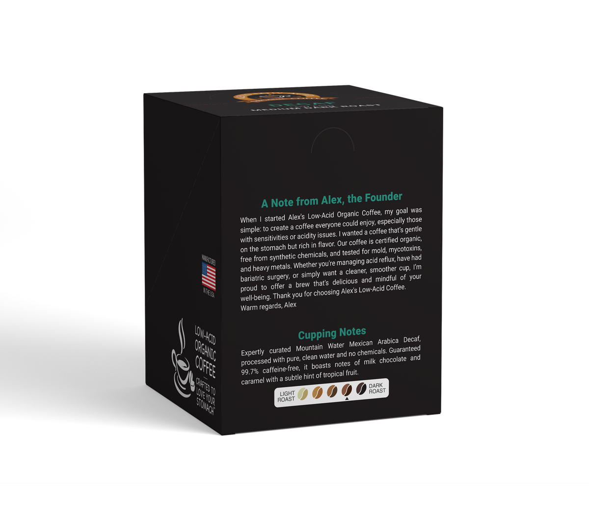 Alex's Low-Acid Organic Coffee™ Decaf Coffee Steep Bags (Tea Bag Style) - 10-Pack Box