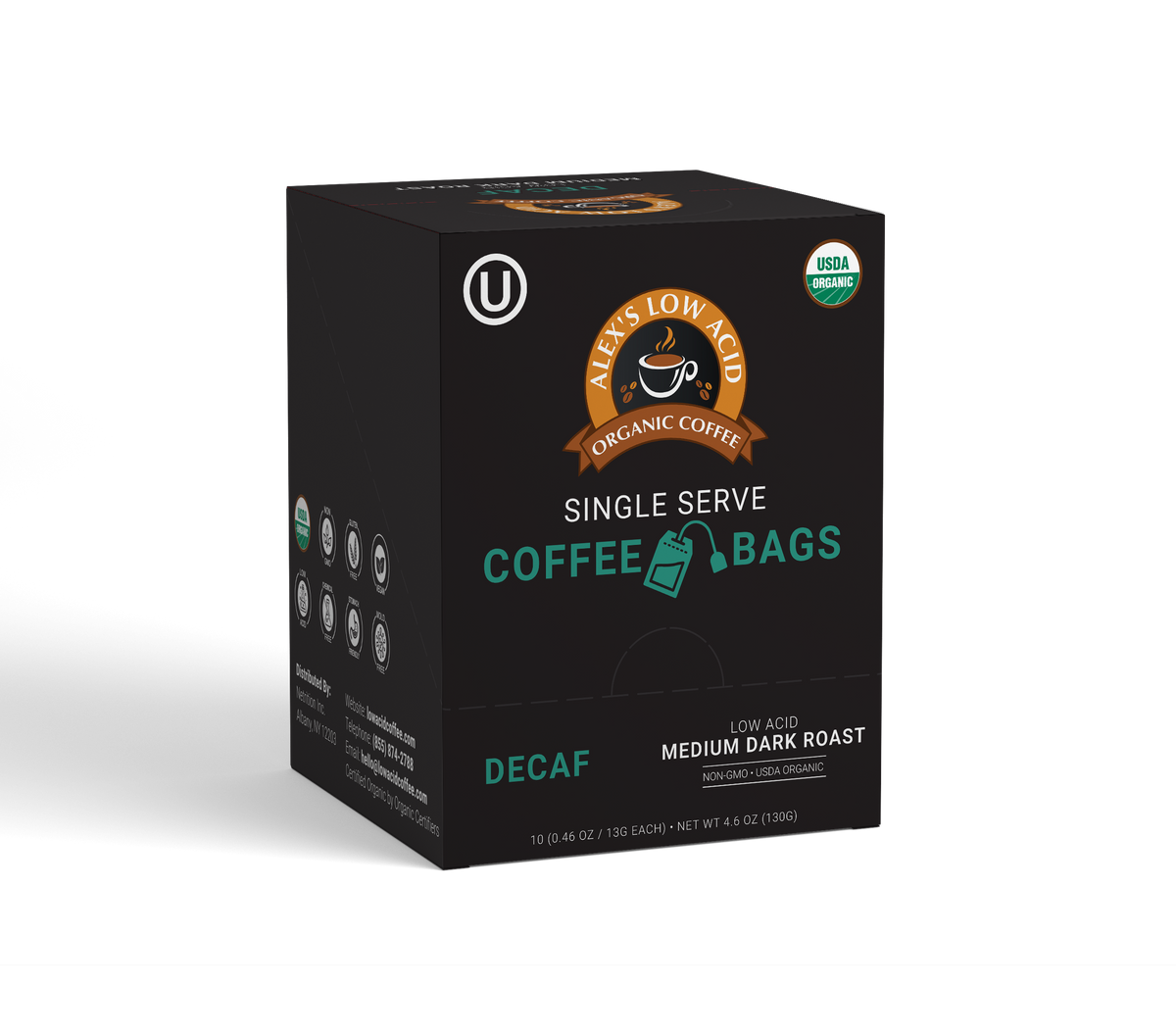 Alex's Low-Acid Organic Coffee™ Decaf Coffee Steep Bags (Tea Bag Style) - 10-Pack Box