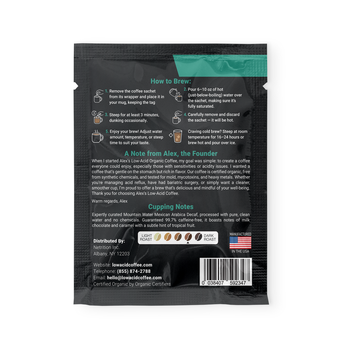 Alex's Low-Acid Organic Coffee™ Decaf Coffee Steep Bags (Tea Bag Style) - 1 Steep Bag