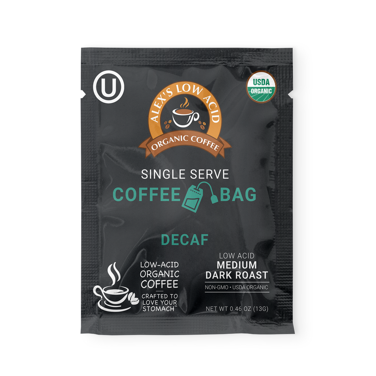 Alex's Low-Acid Organic Coffee™ Decaf Coffee Steep Bags (Tea Bag Style) - 1 Steep Bag