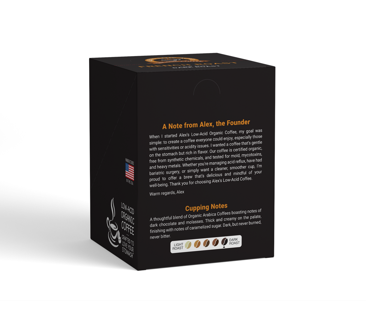 Alex's Low-Acid Organic Coffee™ French Roast Coffee Steep Bags (Tea Bag Style) - 10-Pack Box