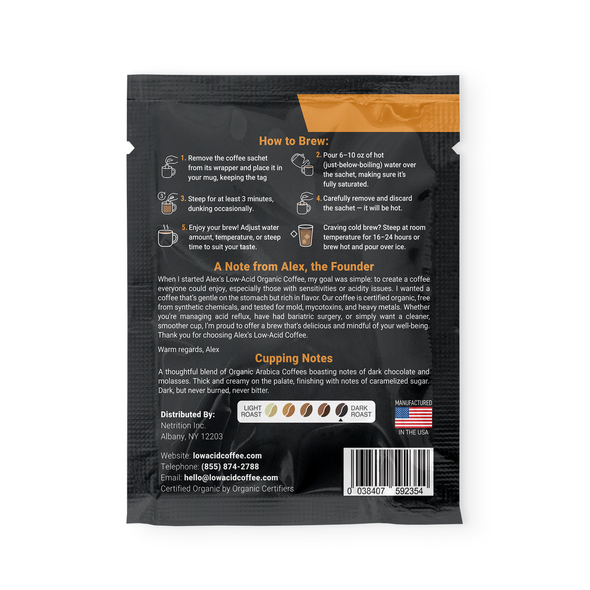 Alex's Low-Acid Organic Coffee™ French Roast Coffee Steep Bags (Tea Bag Style) - 1 Steep Bag