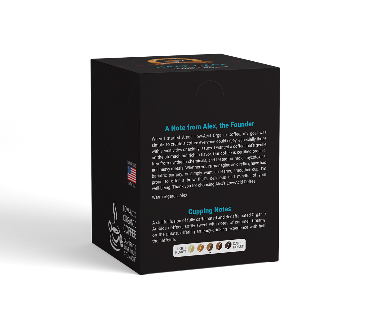 Alex's Low-Acid Organic Coffee™ Half Caff Coffee Steep Bags (Tea Bag Style) - 10-Pack Box