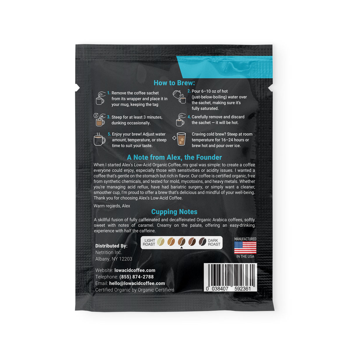 Alex's Low-Acid Organic Coffee™ Half Caff Coffee Steep Bags (Tea Bag Style) - 1 Steep Bag