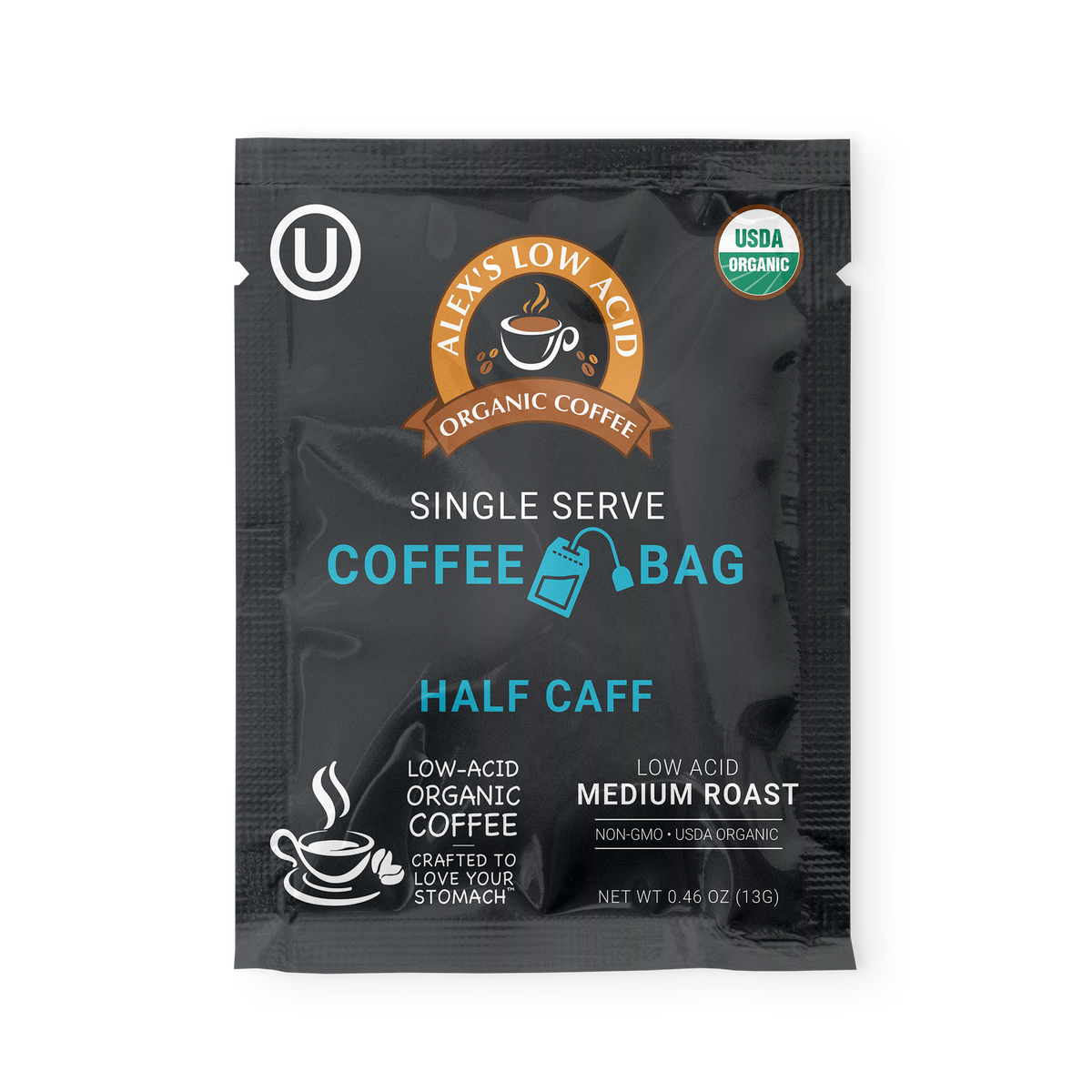 Alex's Low-Acid Organic Coffee™ Half Caff Coffee Steep Bags (Tea Bag Style) - 1 Steep Bag