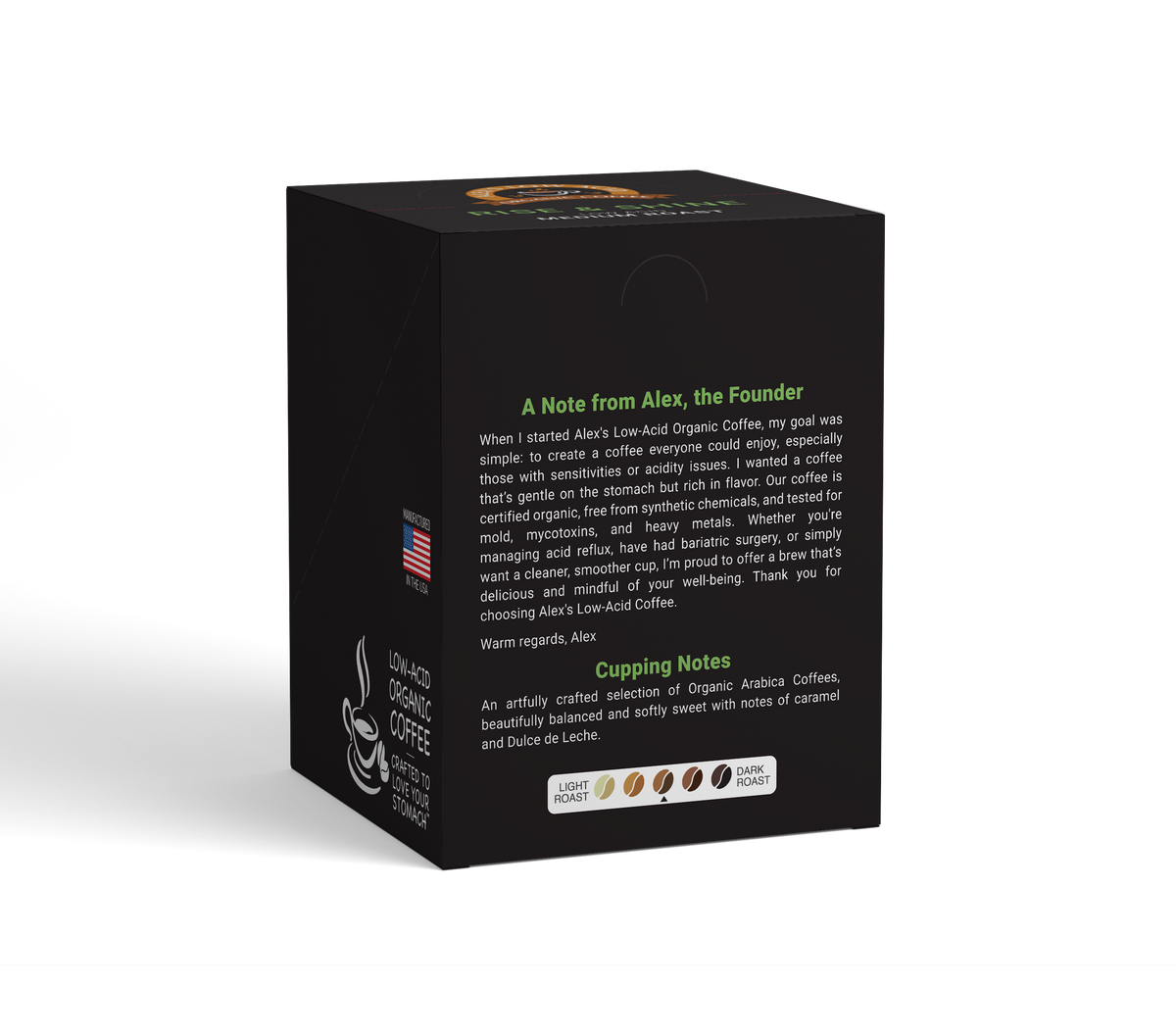 Alex's Low-Acid Organic Coffee™ Rise & Shine Coffee Steep Bags (Tea Bag Style) - 10-Pack Box