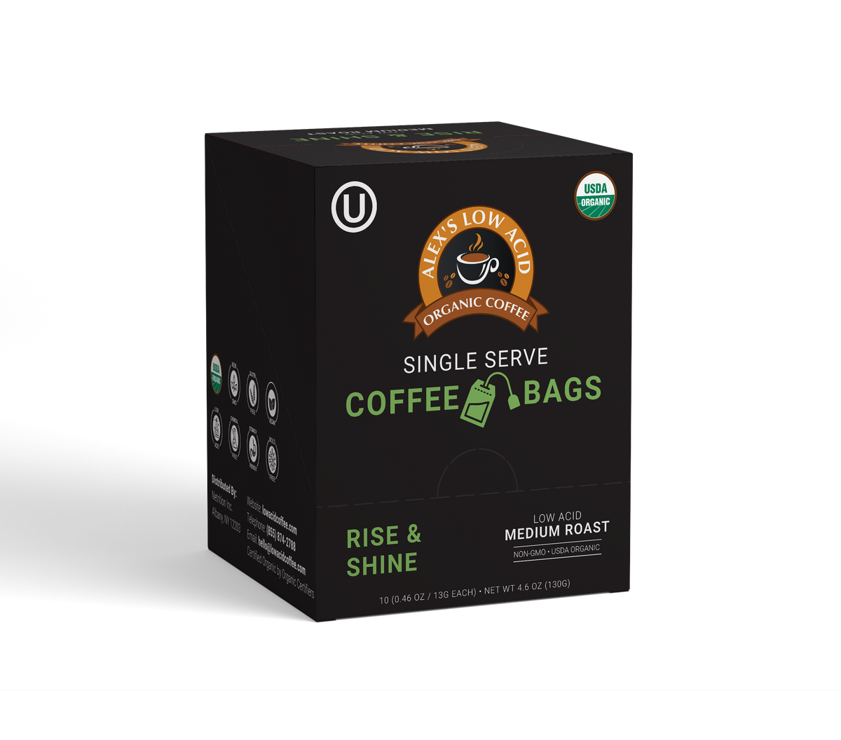 Alex's Low-Acid Organic Coffee™ Rise & Shine Coffee Steep Bags (Tea Bag Style) - 10-Pack Box