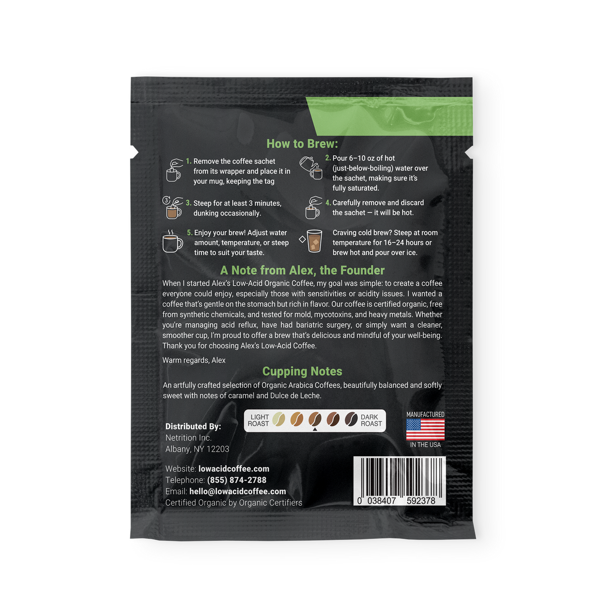 Alex's Low-Acid Organic Coffee™ Rise & Shine Coffee Steep Bags (Tea Bag Style) - 1 Steep Bag