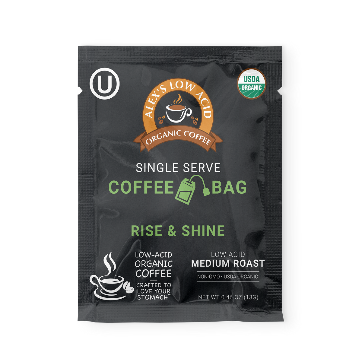 Alex's Low-Acid Organic Coffee™ Rise & Shine Coffee Steep Bags (Tea Bag Style) - 1 Steep Bag