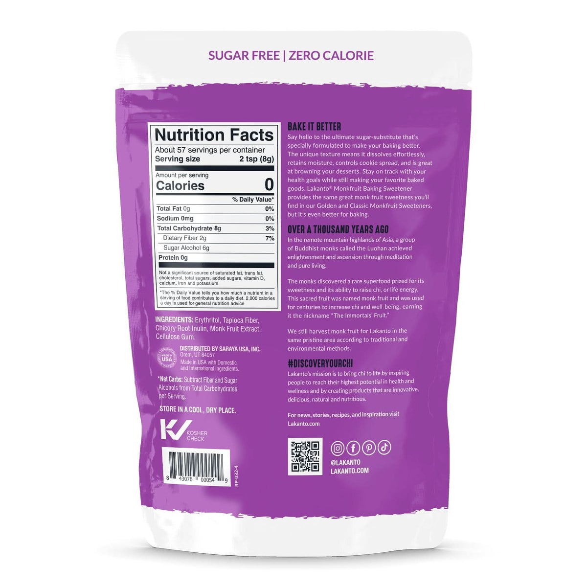 A purple packaging labeled "Sugar Free | Zero Calorie" displays nutrition facts and ingredients for Lakanto Monkfruit Baking Sweetener, emphasizing its health benefits and historical background.