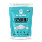 A turquoise bag of Lakanto powdered monkfruit sweetener with erythritol, labeled as sugar-free, keto-friendly, and zero calorie, sits against a plain background, showcasing its nutritional benefits.