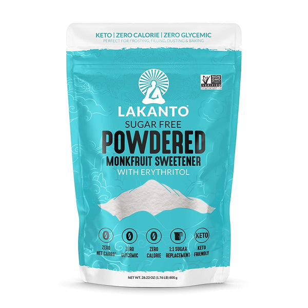 A turquoise bag of Lakanto powdered monkfruit sweetener with erythritol, labeled as sugar-free, keto-friendly, and zero calorie, sits against a plain background, showcasing its nutritional benefits.