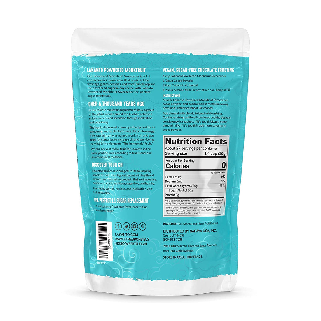 A turquoise bag of Lakanto Powdered Monkfruit Sweetener displays nutritional information, serving suggestions, and branding details, highlighting its vegan and sugar-free features.